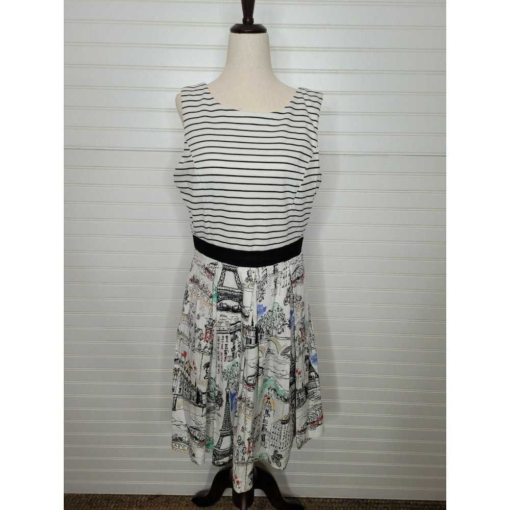 Chetta B White and Black Striped Paris Print Fit-and-Flare Dress
